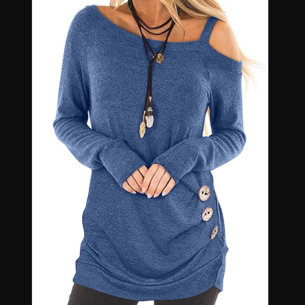 Blue Asymmetric Cold Shoulder Shirt - Picture 1 of 3